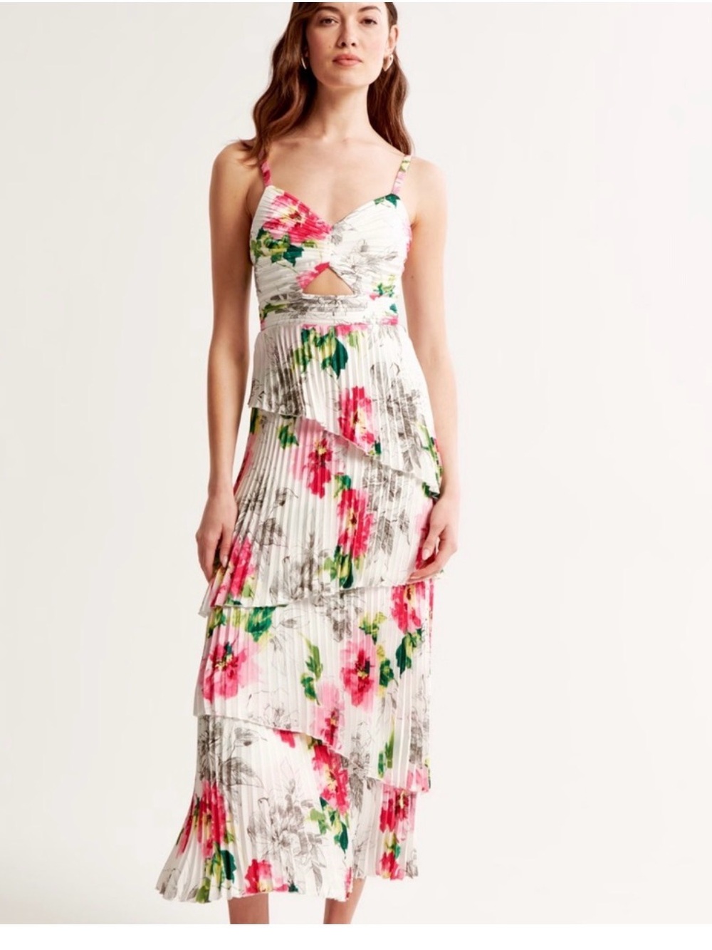 Abercrombie & Fitch White Floral Tiered Midi Dress with Pink & Green Print